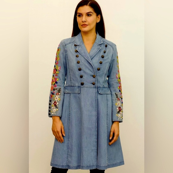 ARATTA DENIM JEAN CITY COAT WITH EMBROIDERED SLEEVES L - Picture 1 of 6